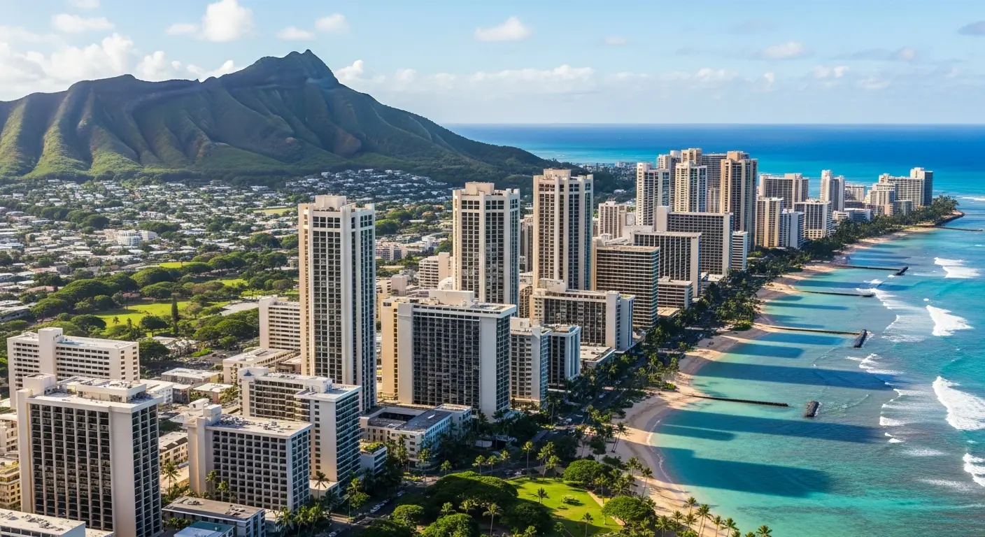 Aerial view of Honolulu Hawaii cityscape with Diamond Head crater, turquoise ocean, lush green mountains, vibrant tropical city