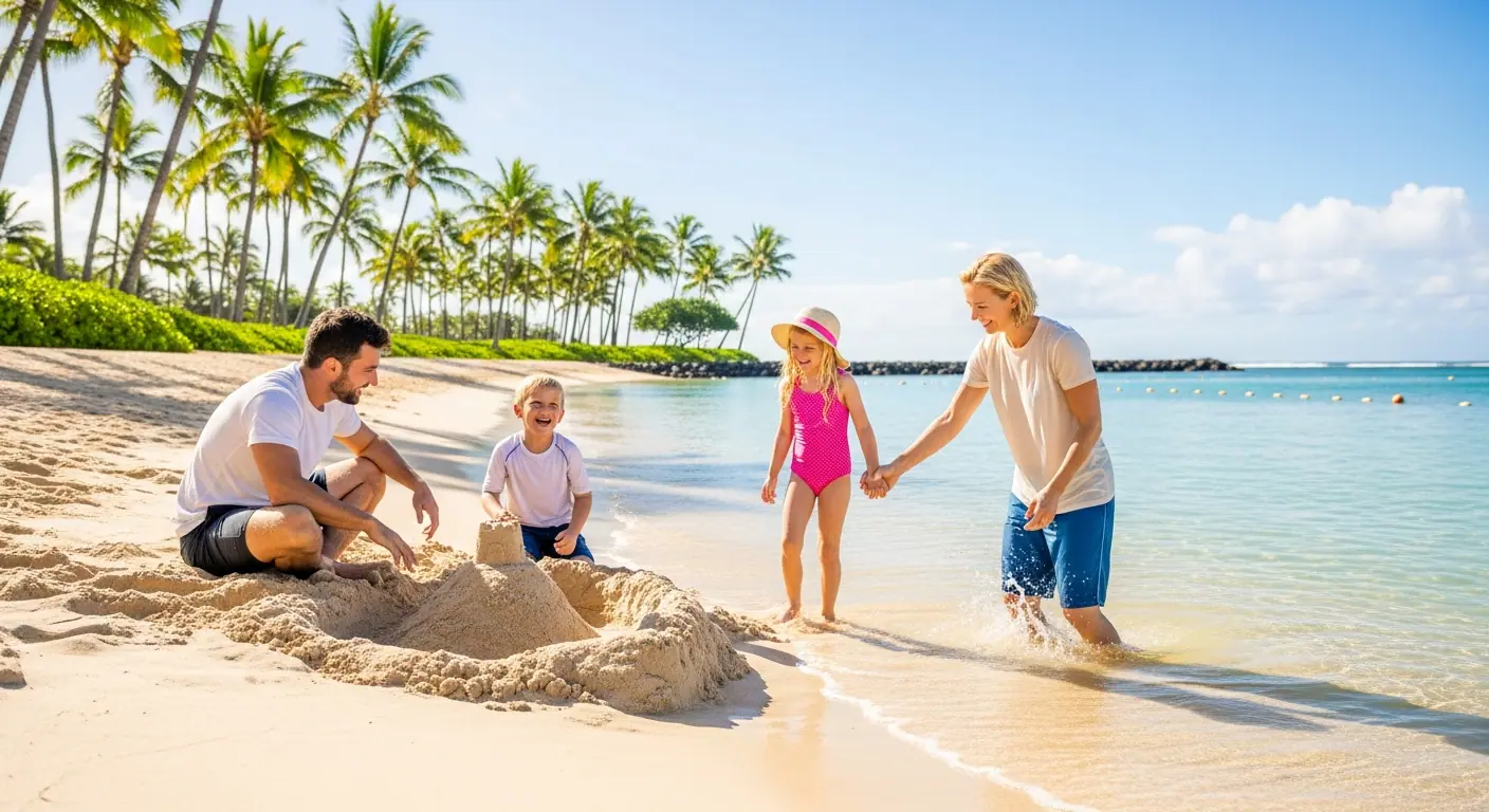 Happy family enjoying a tropical Hawaiian beach, parents and children playing in the sand and crystal clear water, palm trees, sunny day