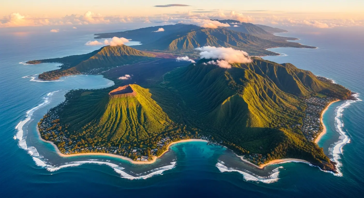 Panoramic aerial view of multiple Hawaiian islands surrounded by deep blue Pacific Ocean, lush volcanic landscapes, stunning tropical scenery