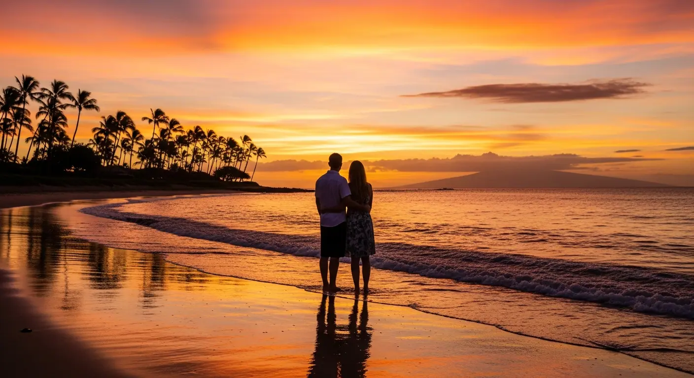 Romantic couple watching a stunning sunset on a Hawaiian beach in Maui, golden orange sky reflected on calm ocean water, tropical romance